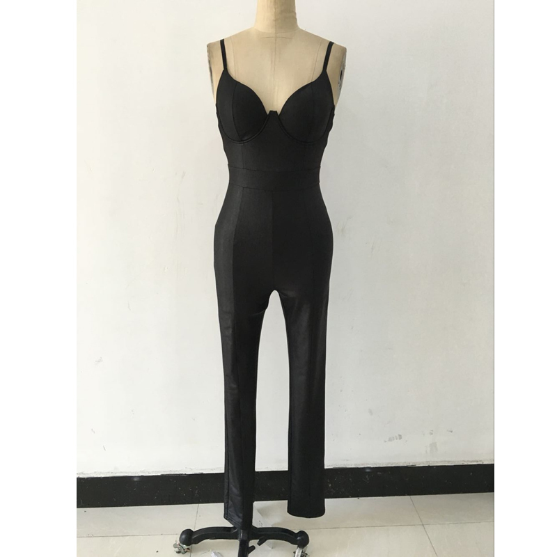 Elegant Skinny Women Faux Leather Jumpsuit 2016 Hot Sale Sexy Deep V Neck Spaghetti Strap Party Rompers Womens Jumpsuit S2408 T200509