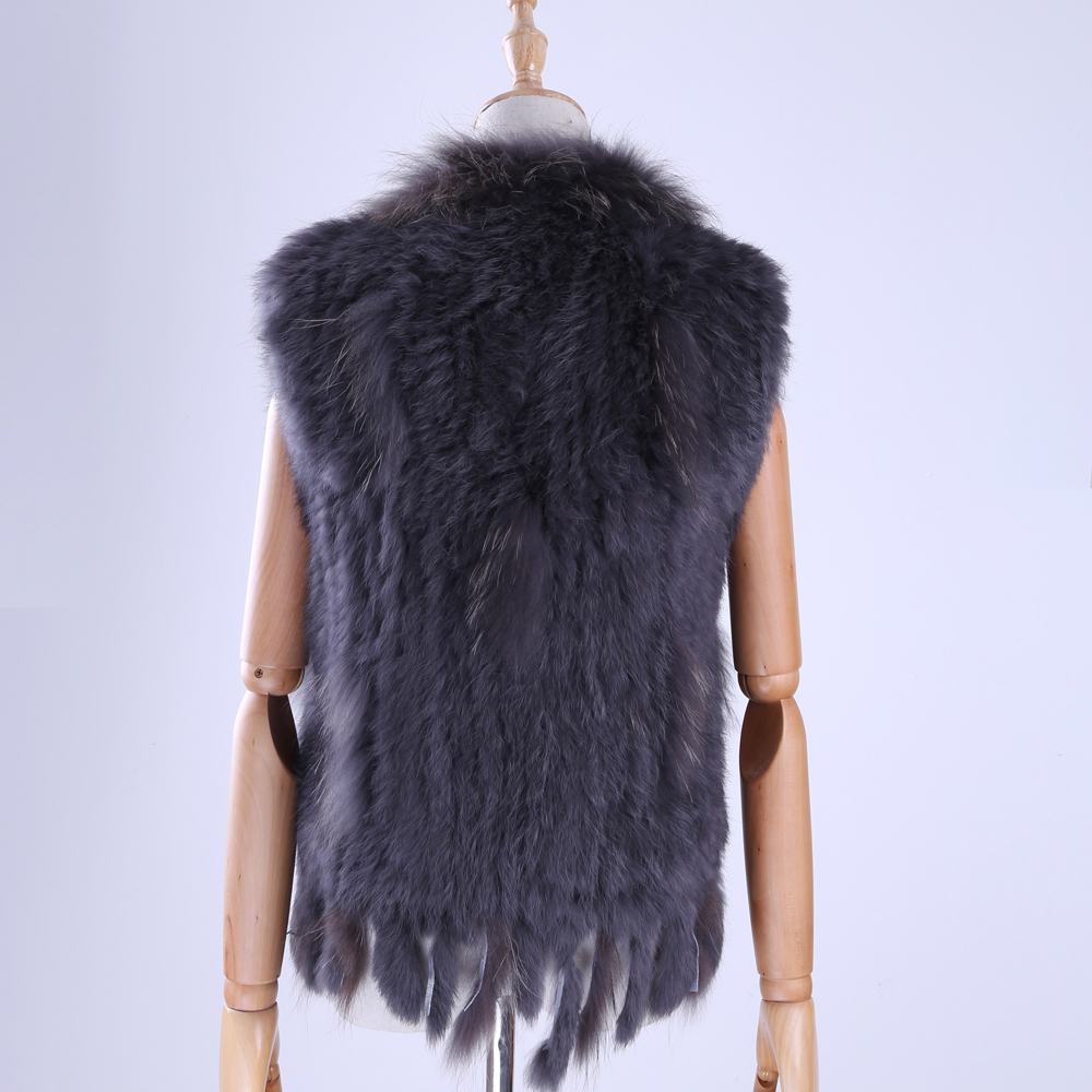 Womens Lady Genuine Real Knitted Rabbit Fur Vests tassels Raccoon Fur Trimming Collar Waistcoat Fur Sleeveless Gilet 201103
