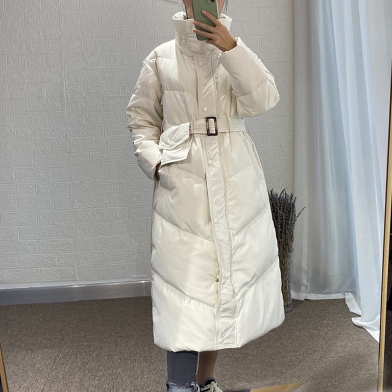 Fitaylor Winter Stand Collar Long Puffer Jacket Women 90% White Duck Down Coat Casual Loose Thick Parkas Belt Warm Snow Outwear 201202