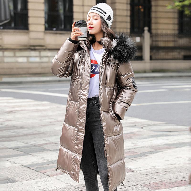 Women X-Long Plus Size Coat Parkas Female Winter Warm Thicke Hooded Fur Cotton Padded Coats Solid Casual Silver Down Jacket 201027