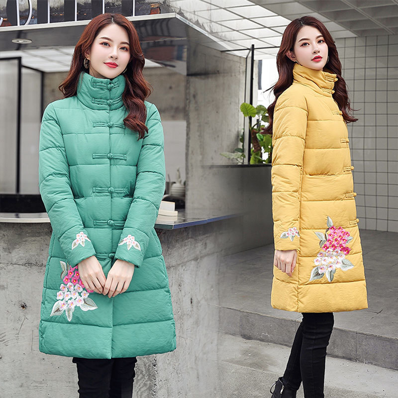 Embroidery Cotton Padded Parka For Women's Coat Chinese Style Thick Warm Long Parkas Female Women's Winter Jacket Ladies Outwear 201027