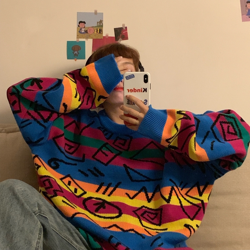 Chic Retro Crazy Style Loose Pull Femme Graffiti Lover Rainbow Striped Knit Sweater O Neck Long Sleeve Patch Pulllover 201224
