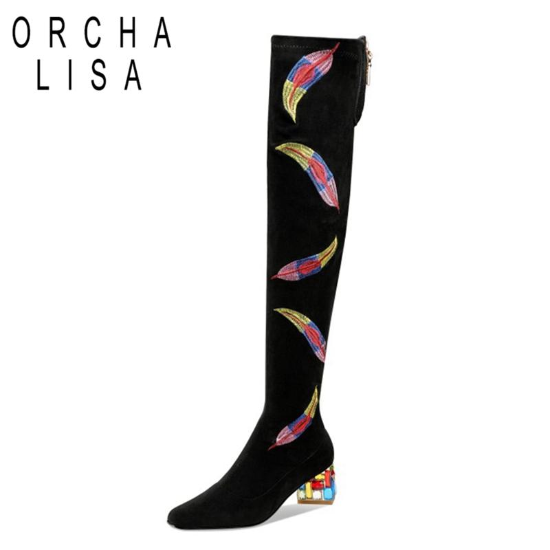 ORCHA LISA Womens Shoes Designer Black thigh high boots low heel Rhinestone Flock Embroidery Sexy long boots botines mujer
ORCHA LISA Womens Shoes Designer Black thigh high boots low heel Rhinestone Flock Embroidery Sexy long boots botines mujer