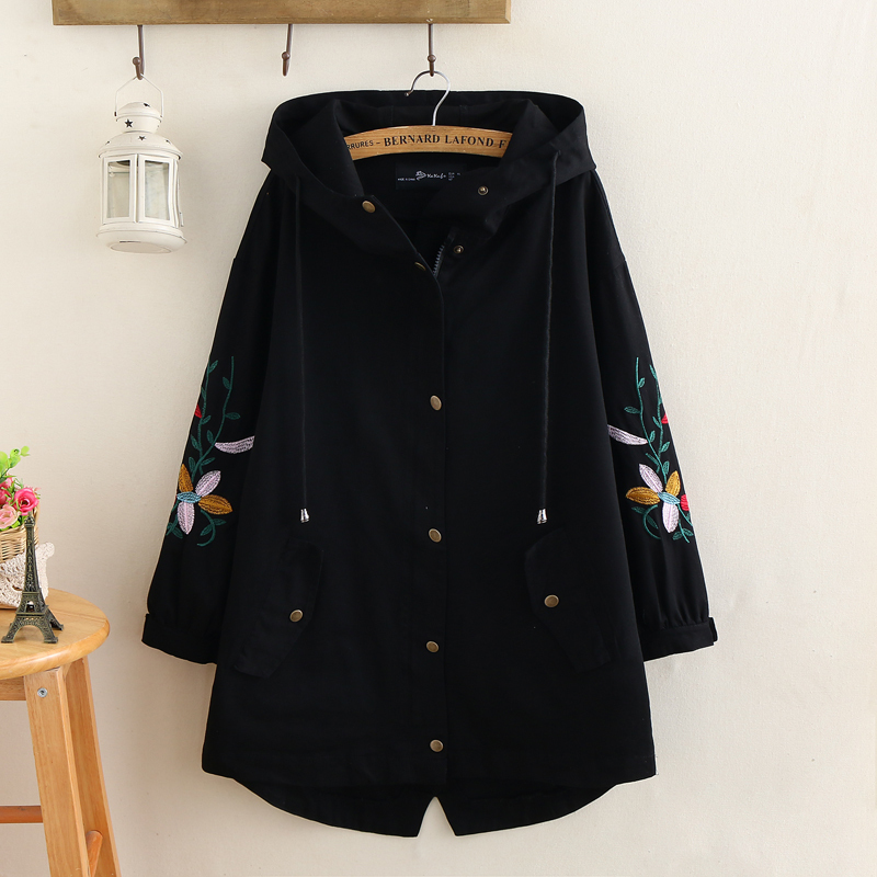Plus Size Women Trench Coat 2019 Spring Loose Hooded Pocket Zipper SevenPoint Sleeve Embroidered Windbreaker Female Outerwear T200810
