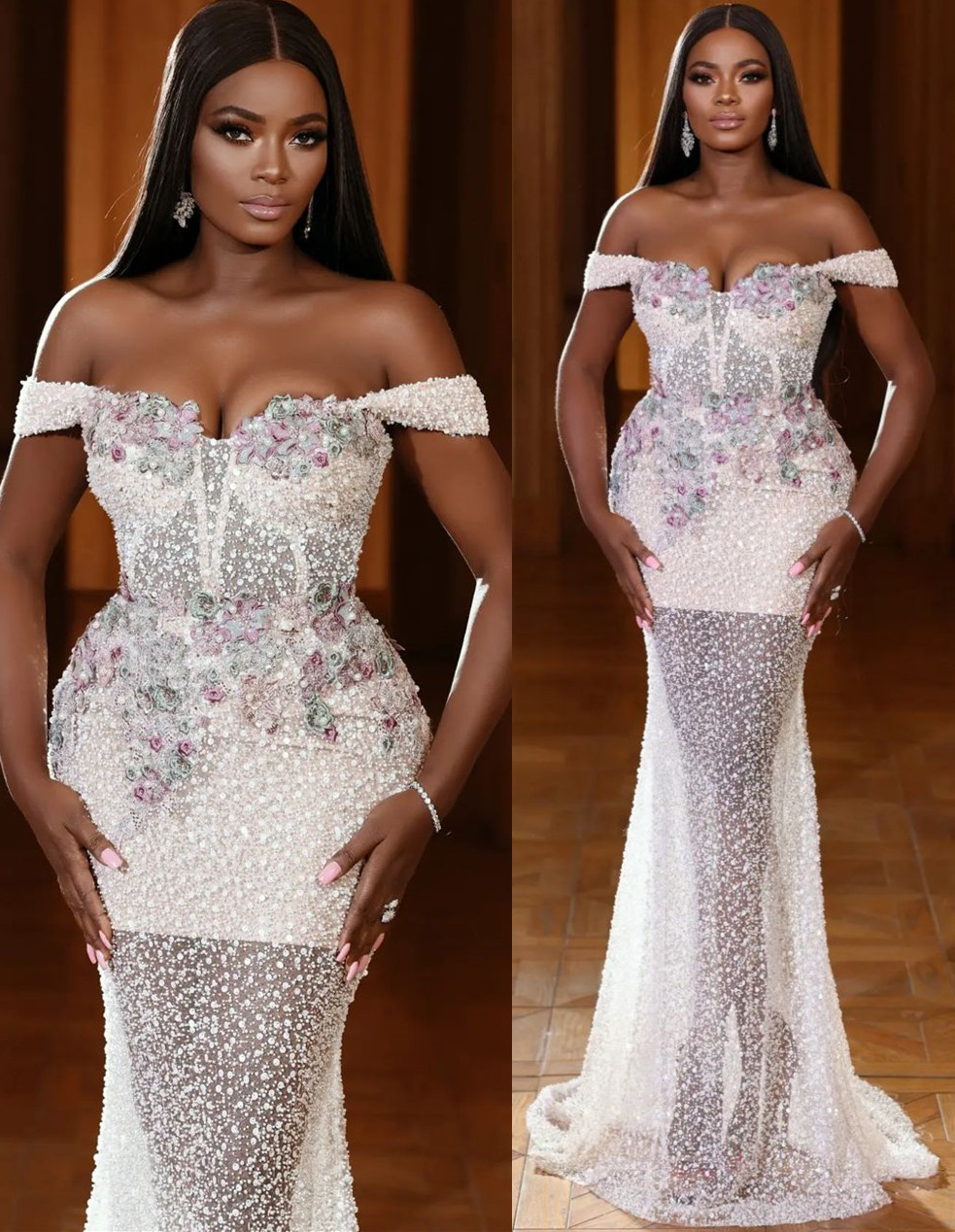 2022 Plus Size Arabic Aso Ebi Ivory Luxurious Mermaid Wedding Dress Sequined Lace Pearls Bridal Gowns Dresses ZJ605