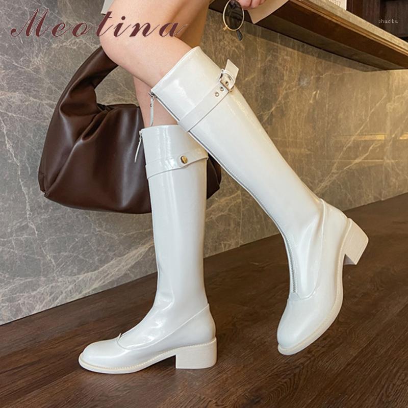 Meotina Med Heel Knee High Boots Woman Thick Heel Riding Boots Buckle Round Toe Long Zip Ladies Shoes Autumn Winter Beige1, Beige synthetic lin