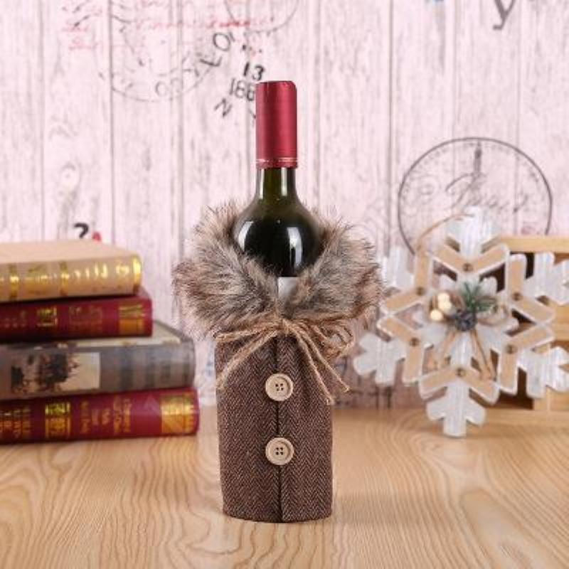 DHL Fast Delivery New Wine Cover with Bow Plaid Linen Bottle Clothes with Fluff Creative Wine Bottle Cover Fashion Christmas Decoration