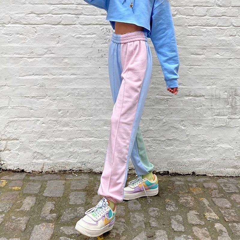 Contrast Color Baggy Women Losse Hight Jogger Sweatpants Casual Pink Blue Patchwork High Waist Trouser Female Hip Hop Streetwear LJ201130