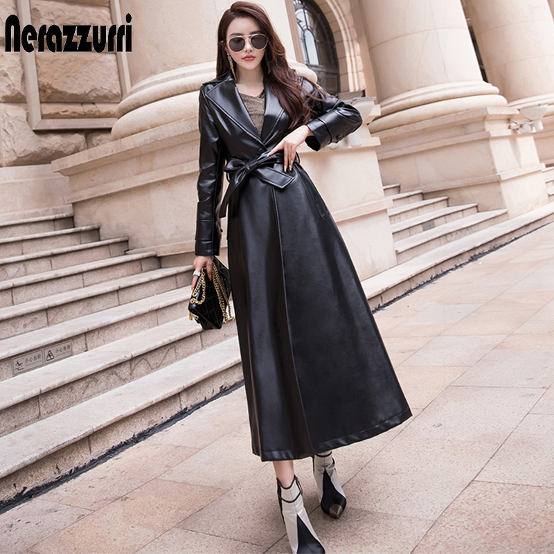 Nerazzurri Extra long leather trench coat for women Fit and flare plus size faux leather coats 5xl 6xl Womens fall fashion 201226