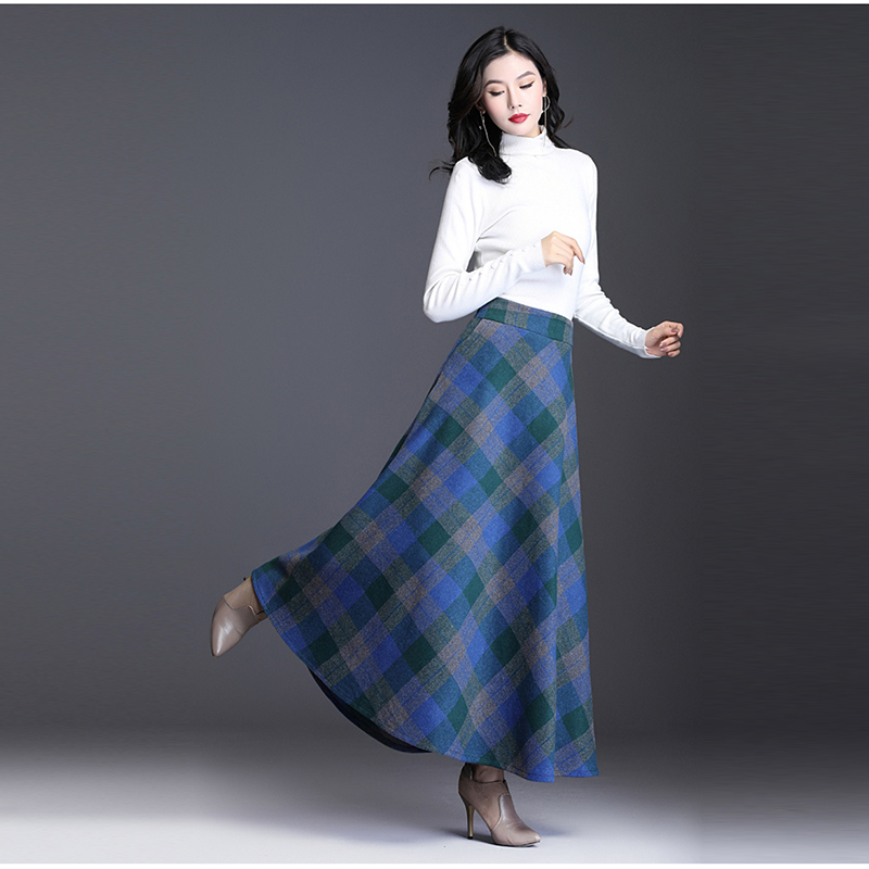 Long Plaid Skirts For Women Warm Wool Elegant High Elastic Waist Office Lady Skirt Spring Female Clothing Plus Size 3XL T200324