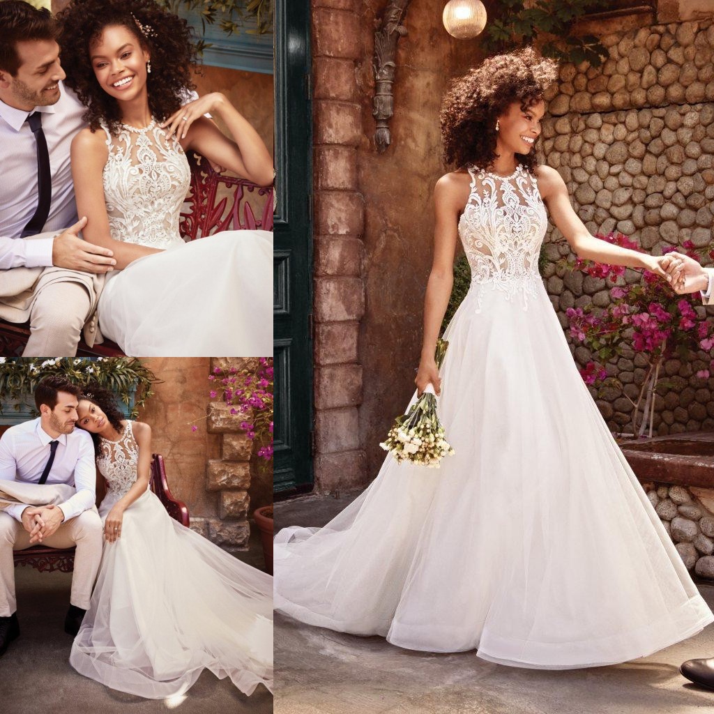 A Stylish E Lace Wedding Dresses Jewel Neck Bridal Gowns Plus Size Sweep Train Tulle Robe De Mari E