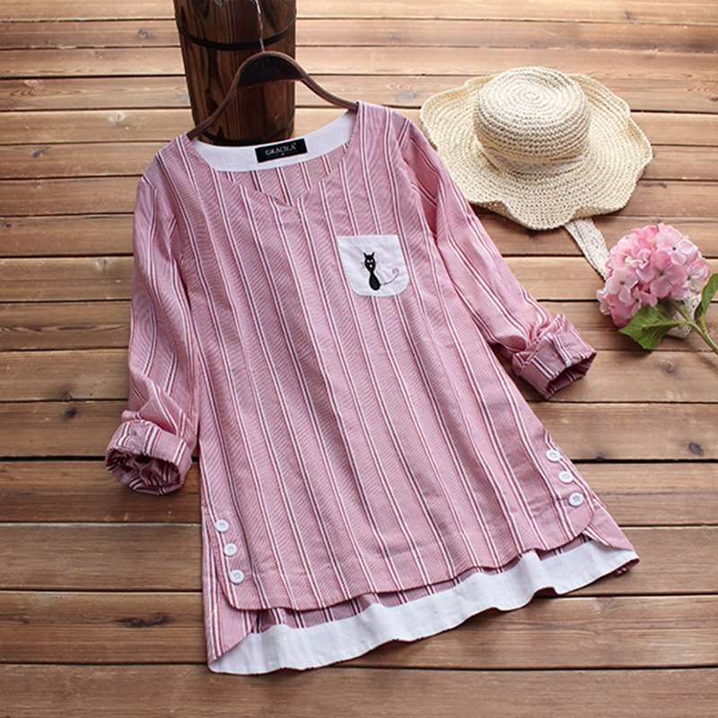 Women Blouse Ladies Autumn Long Sleeve Striped Shirts Casual Side Buttons Irregular Blouse V Neck Blusas Work Top Plus Size Y200930