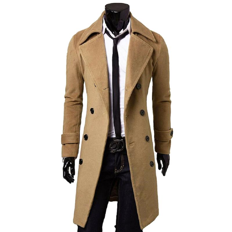 Fashion- Men Wool Trench Coats Jacket Classic Slim Lapel Peacoat Mens Winter Double Breasted Long Coats Outerwear