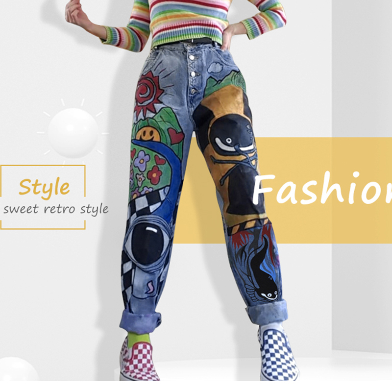 Womens Cartoon Jeans Spring Women Printed Casual Trousers Long Pant Single Breasted Vintage Female Hight Waist Denim Jeans 201106