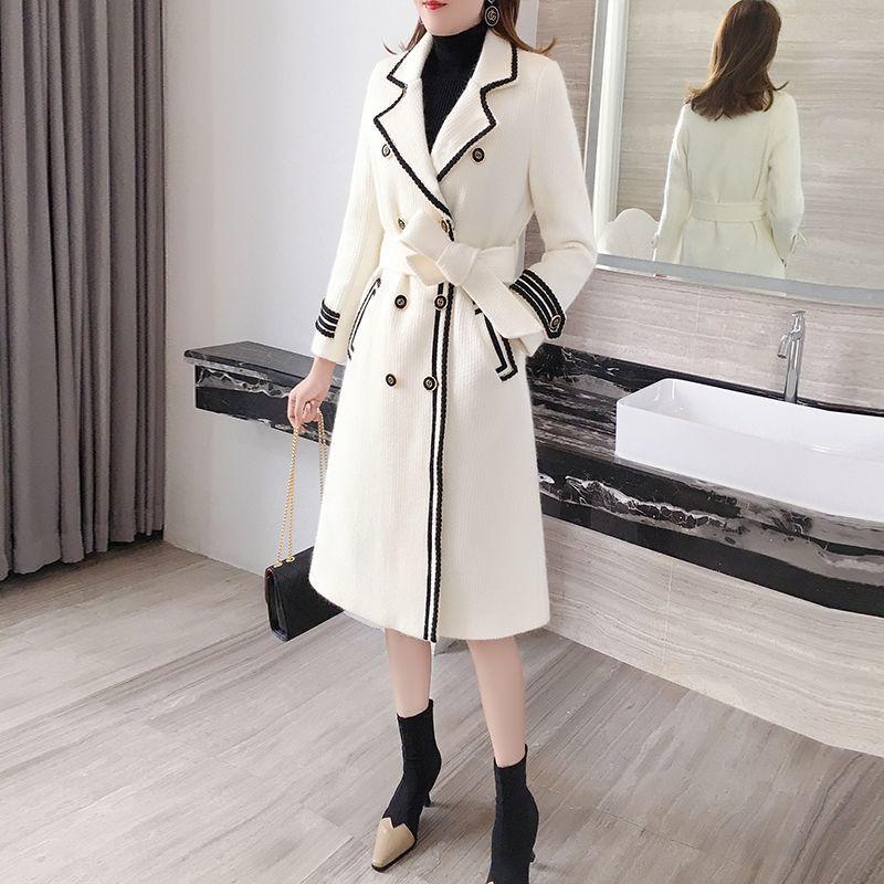Womens Winter Wool Imitation Mink Veet Jacket, Ivory White Loose Mid-Length Thickening Coat, Double Breasted V-Neck Long Sleeve B3
