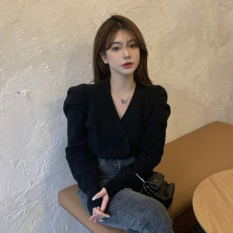 Nomikuma Autumn Women Knitwear Coat Korean Puff Long Sleeve V-neck Slim Short Knitted Cardigan Sweater Jacket 6C490 201222