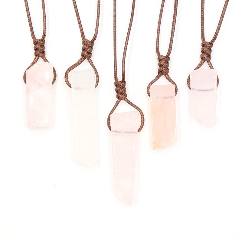 Natural Stone Crystal Pendants Necklace Irregular Braided Rope Chain Amethyst Pink Crystal Healing Chakra Jewelry for Women Men