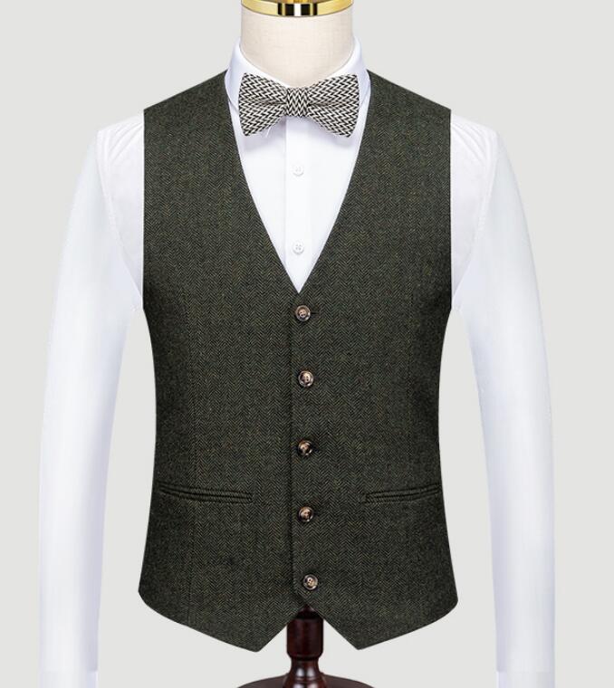 2021 Classic Brown Groom Vests Wool Groomsmen Vest Slim Fit Mens Dress Business Suit Vest Short Dinner Party Wedding Attire Waistcoat Dress