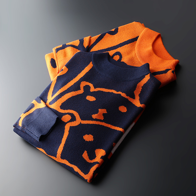 Mens Autumn Casual Sweaters Polar Bear Pattern Trendy Slim Sweaters Cotton Long Sleeve Round Collar Male Warm Pullovers Orange 201022
