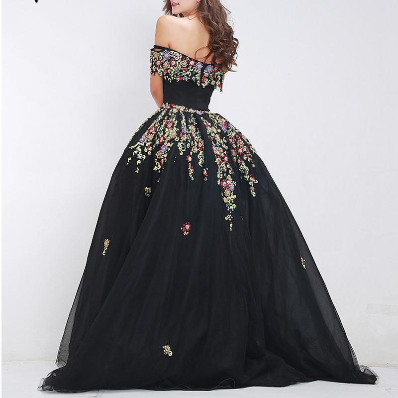Luxury Black Evening Dresses With Detachable Train Sexy Bateau Sequins Beads Floral Appliqued Prom Dresses Custom Made Amazing Pageant Gown