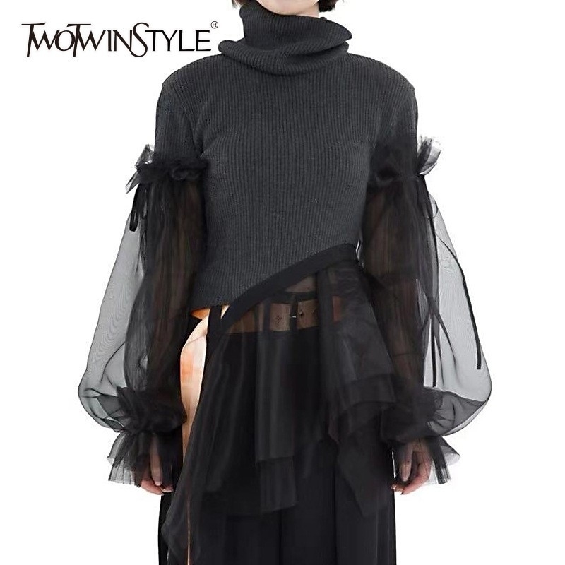 Patchwork Sweater Women Turtleneck Puff Long Sleeve Ruffle Hem Knitting Pullover Tops Female 2019 Spring Korean New T200319