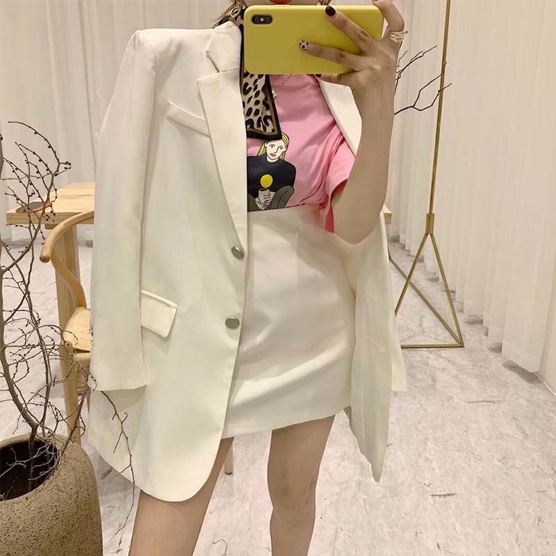JuneLove women spring Korean fashion suit office lady blazer&skirts sets high waist skirt two-piece single breasted outwears 201201
