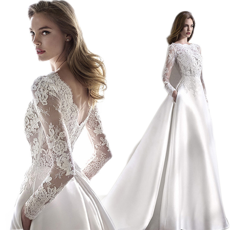 2022 Graceful Lace A Line Wedding Dress Long Sleeve Satin Bridal Gowns With Pockets Sexy Open Back Illusion Top Vestidos Simple Boho Beach Bride Dress