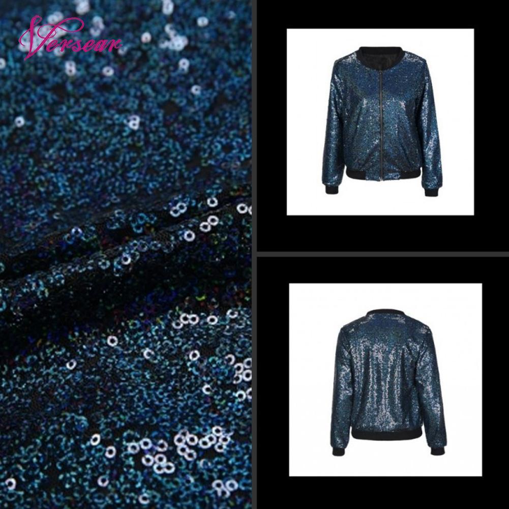 Versear Spring Autumn Women Sequin Coat Bomber Jacket Long Sleeve Zipper Streetwear Tunic Loose Casual Basic Lady Outwear 201017
