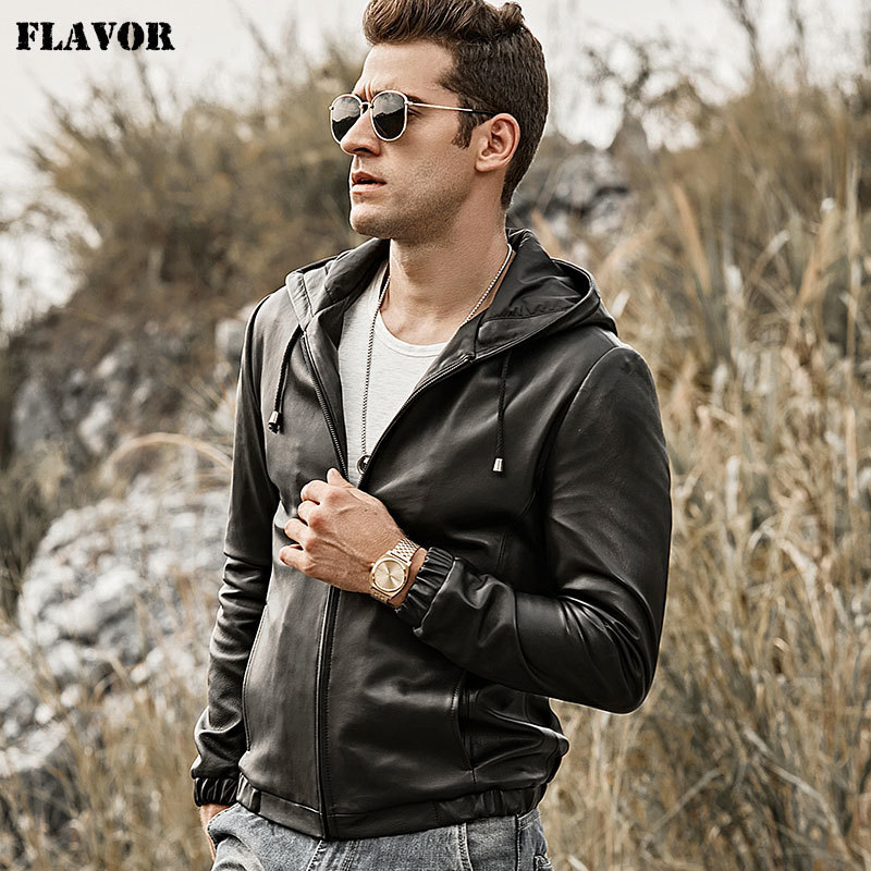 FLAVOR Men's Real Leather Jacket Hoodie Lambskin Genuine Nappa Leather Coat with Hood 201128