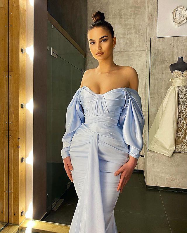Baby Blue Dubai Arabic Aso Ebi Mermaid Prom Dresses Simple Sexy Off Shoulder Long Sleeve Formal Evening Dress Wear Custom Made
