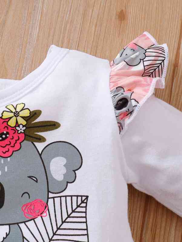 Baby Koala And Floral Print Ruffle Trim Pullover & Sweatpants With Headband SHE