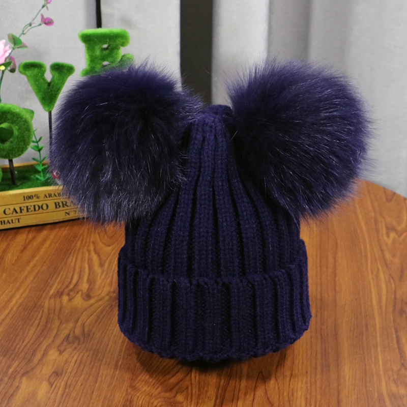 2020 New double natural Pom Poms hat Girls Boys Winter Warm Fur Pompom Ball Knitted Beanies Hat Skullies Beanies Cotton Bonnet LJ201225