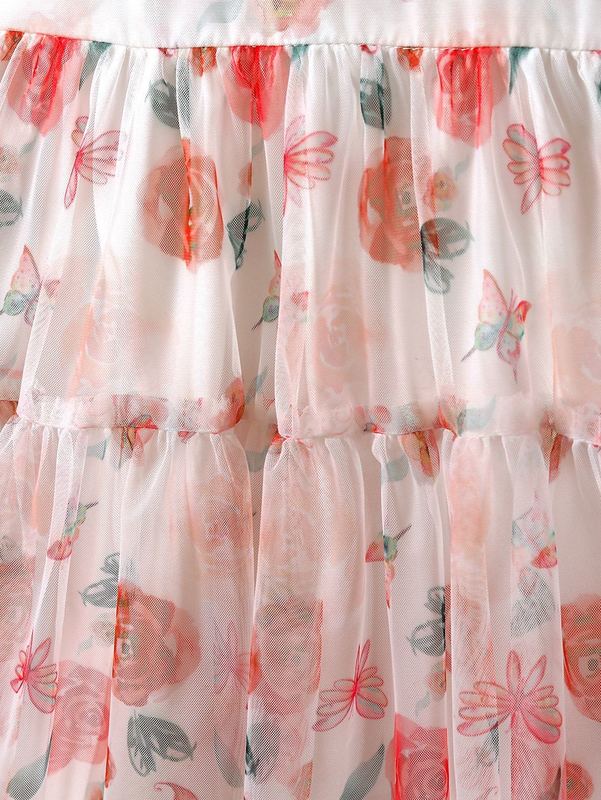 Girls Floral Print Puff Sleeve Ruffle Hem Mesh Dress SHE