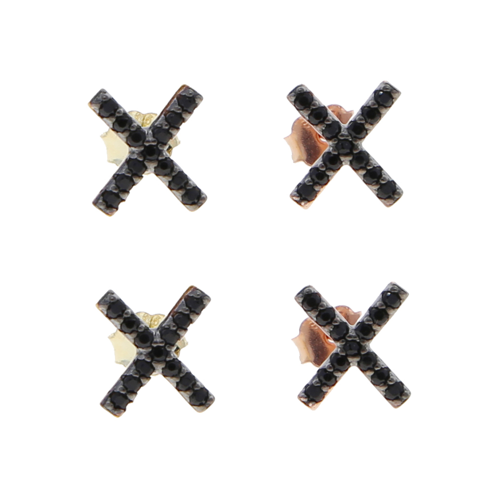 Delicate Rose Gold Color Classic Black Cz Paved X Cross Charm Stud Earring for Women Real 925 Sterling Silver Engagement Jewelry
