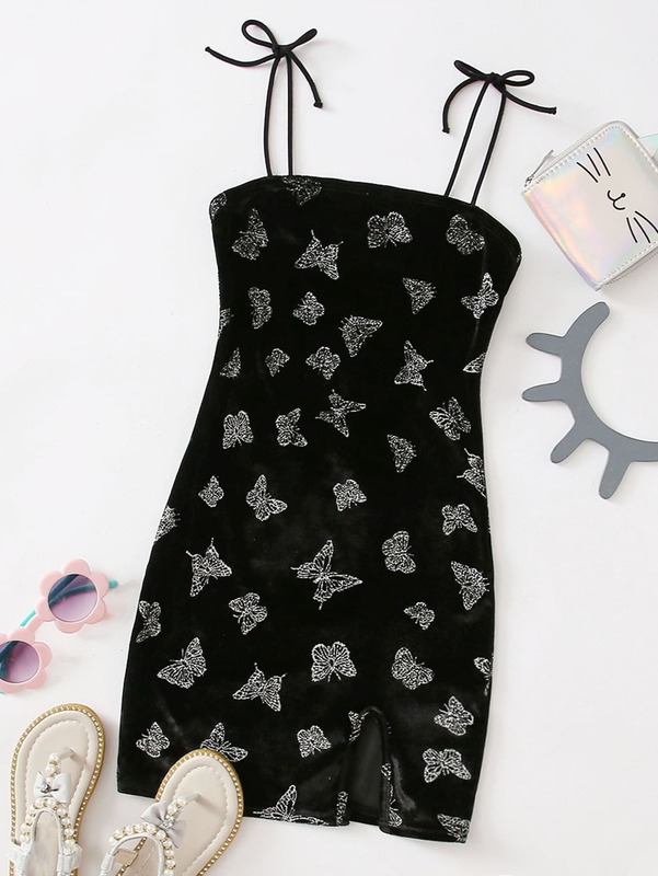 Girls Knot Strap Split Hem Butterfly Pattern Velvet Slip Dress SHE