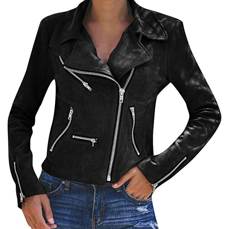 Womens Faux Suede Short Velvet Jacket Moto Biker Zip Up Slim Jackets Motorcycle Polyurethane Leather Lapel Coats Winter Outwear T200111