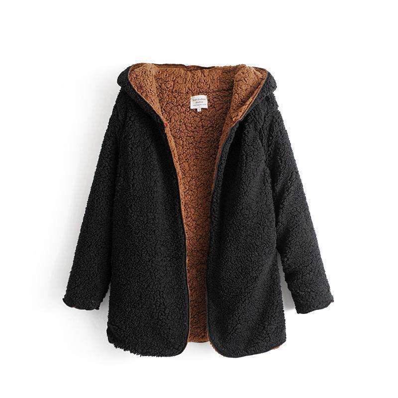 New women faux wool liner jacket fashion spring autumn meidum long coats female hooded Two-sided wear warm outerwear 201102