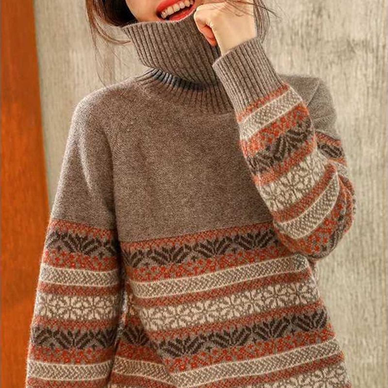 Turtleneck cashmere sweater women loose casual jacquard knitted bottoming top pullover 100%WOOL sweater women autumn winter 201222