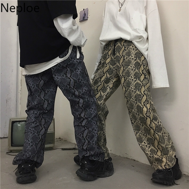 Neploe Autumn Vintage Pants Women Elastic Waist Harajuku Snake Print Trouse Female Man Streetwear BF Style Long Pant 38977 201012