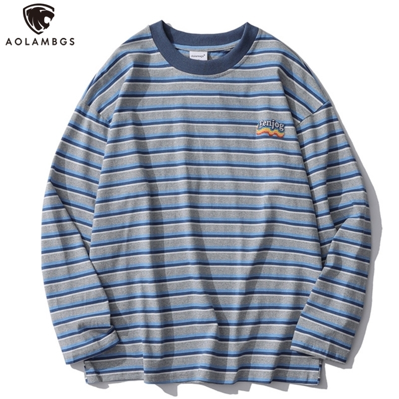 Aolamegs Long Sleeve T-shirt Men Autumn Striped Sweatshirts Harajuku Casual Pullover Couple Loose Tops Tee Minimalist Streetwear 201202