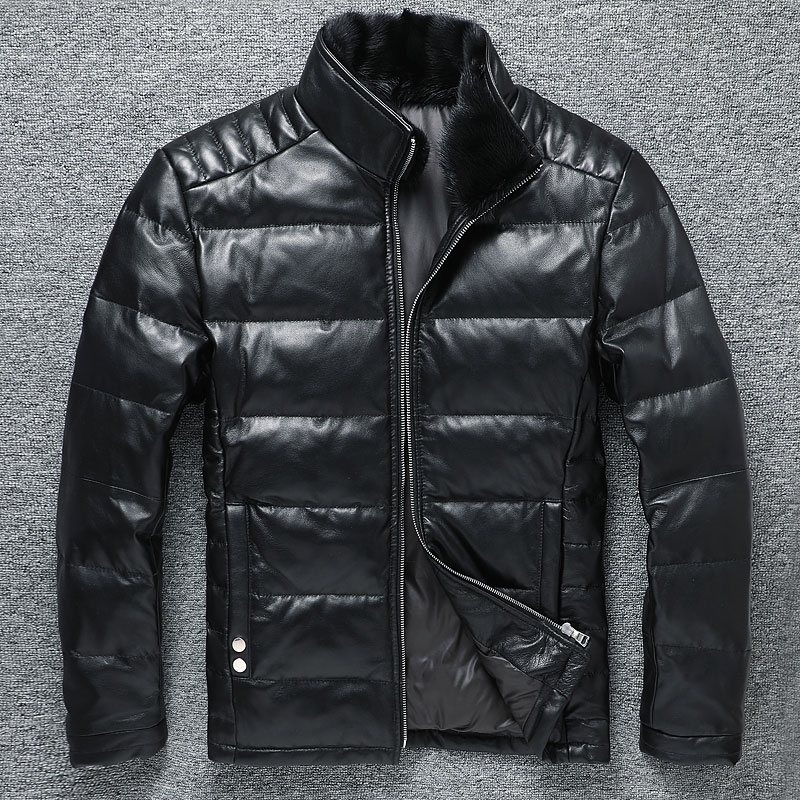 Mens winter Free warm genuine leather jacket20% white duck down coatquality soft real leather clothesMink Collar 201128