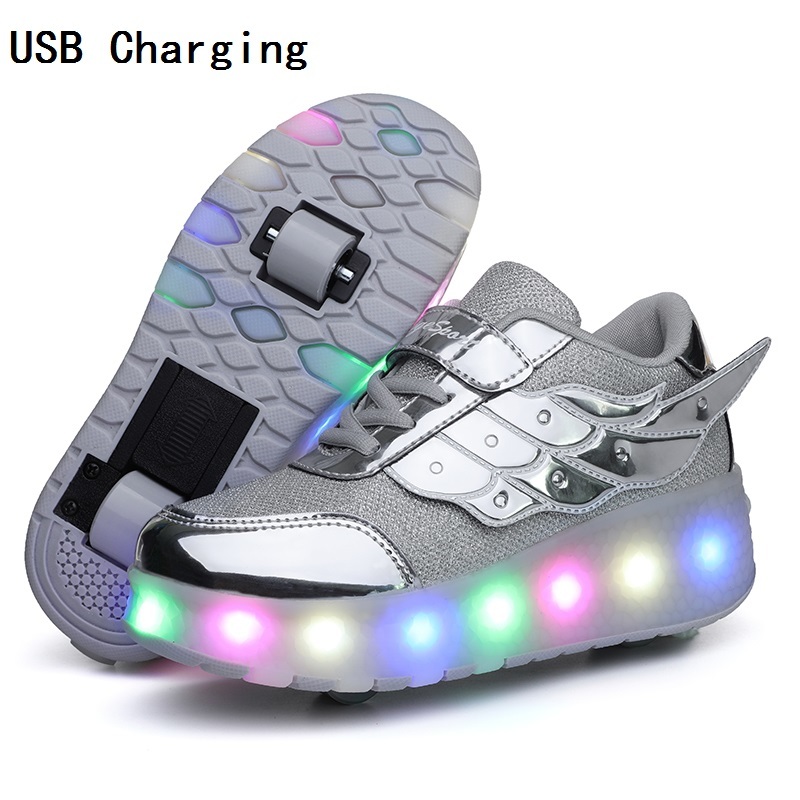 Children One Two Wheels Luminous Glowing Sneakers Gold Pink Led Light Roller Skate Shoes Kids Led Shoes Boys Girls USB Charging Y241127