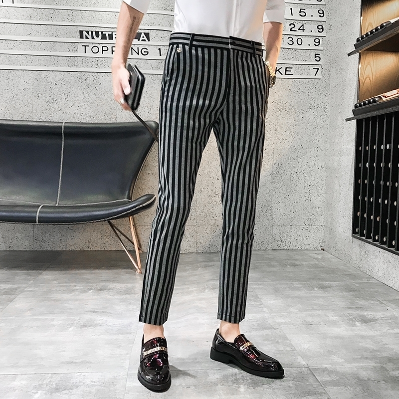 British Style Autumn Casual Dress Trousers Stripe Pants Men Slim Fit Mens Suit Pant Gentlemen Men Clothing 201109