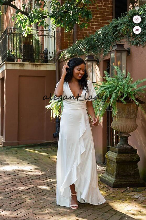 simple design bohemian wedding dresses with flutter sleeve 2021 vneck stretch satin dress with ruffle hem country bride gown