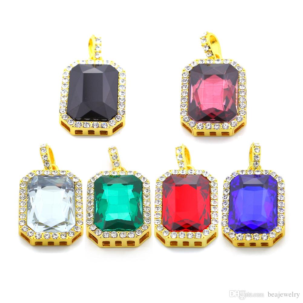 new fashion 2pcs Ruby Necklace Set Silver Gold Plated Iced Out Square Red Ruby Bling Rhinestone Pendant Necklace Hip Hop Jewelry Box Chain Bijoux Coll