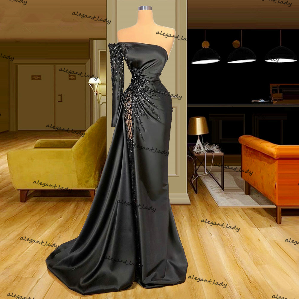 Dubai Black Single Long Sleeve Mermaid Evening Dresses Beads Sequins Longue Robes Formal prom Dress Robes De Soiree