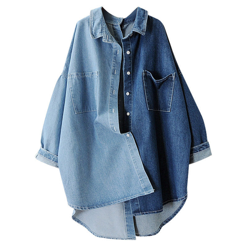 LANMREM Autumn Single Breasted Patchwork Denim Coat Personality Pocket For Women Fashion Jacket Batwing Long Sleeve MA705 201217