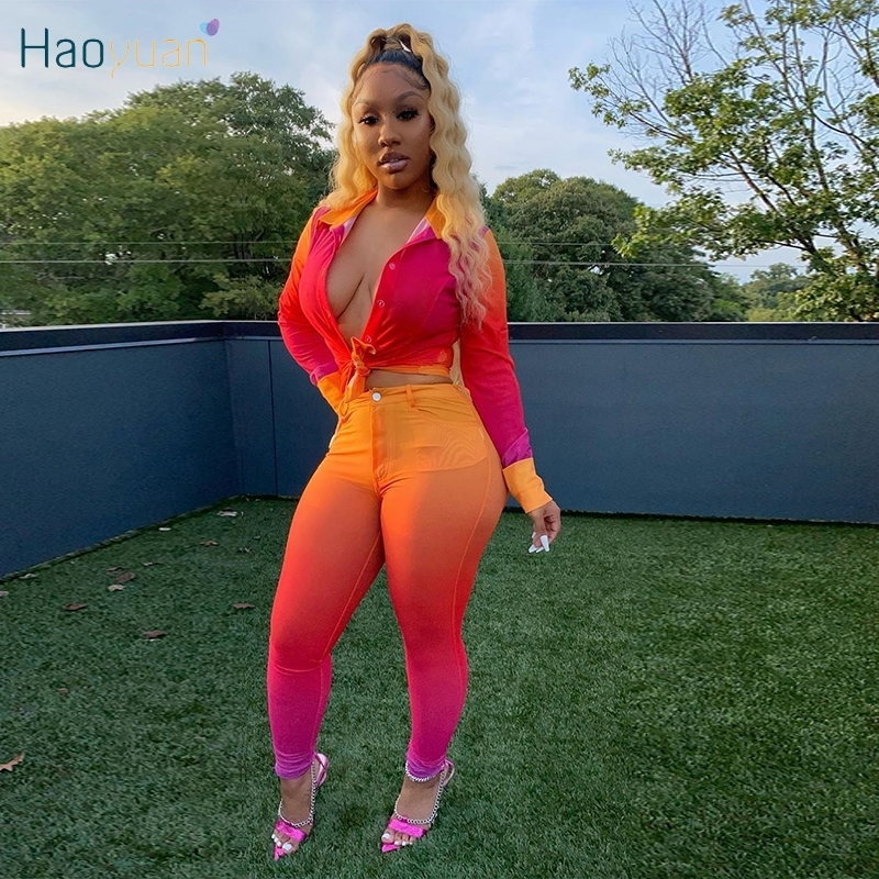 HAOYUAN Sexy Plus Size Tie Dye Two Piece Set Jumpsuit Bandage Shirt Top+Bodycon Pocket Pants Women Fall Clothing Fashion Outfits 201007