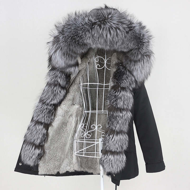 OFTBUY Real Rabbit Fur Coat Waterproof Parka Natural Fox Raccoon Fur Collar Hood Winter Jacket Women Outerwear Removable 201103