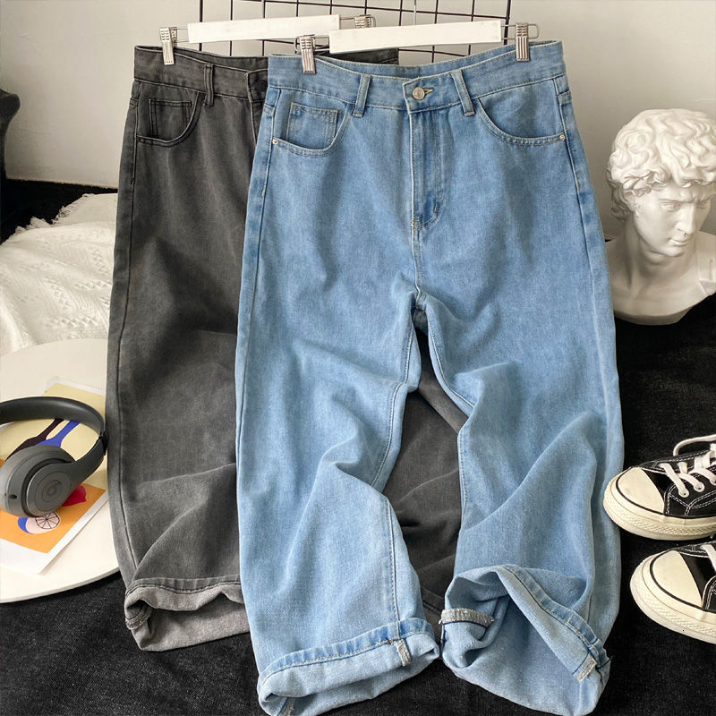 PR Men's Casual Oversize Jeans Autumn Solid Color Straight Denim Pants Korean Woman Loose Ankle-Length Streetwear Jeans 201223